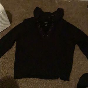 Black sweater with cross front with hood